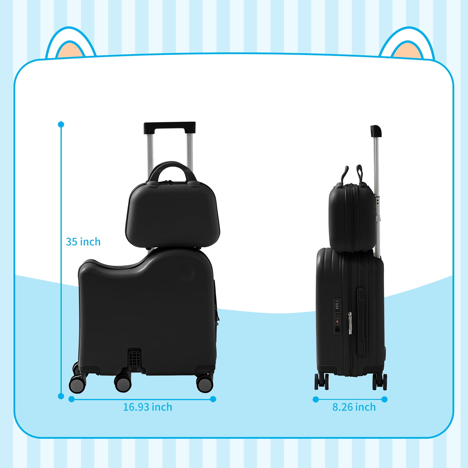 TABU Kids Ride on Luggage with Handbag, Hardshell Suitcase with 6-Spinner Wheels,Hidden Cup Holder,Foldable Pedal,Black