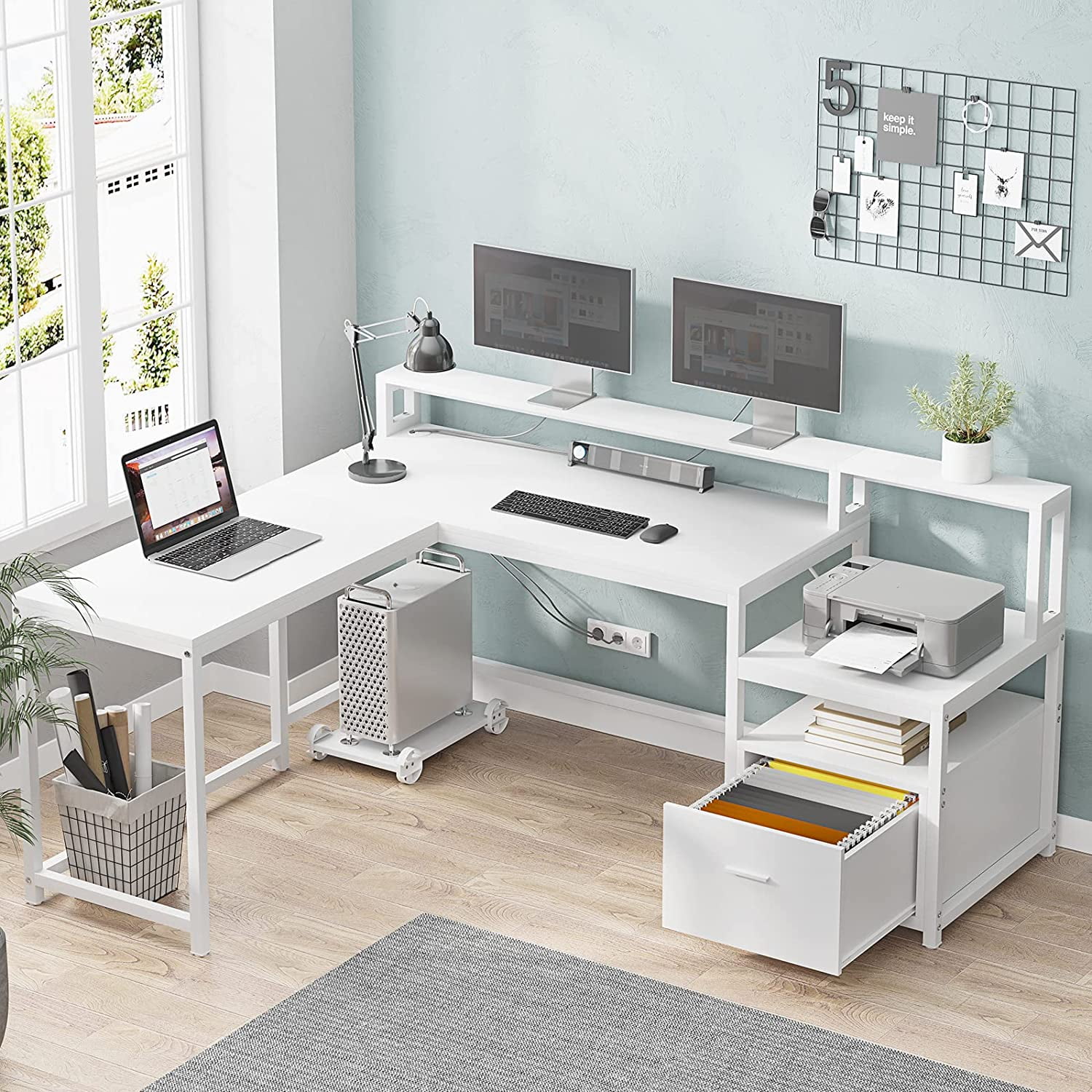 white computer desk with printer shelf