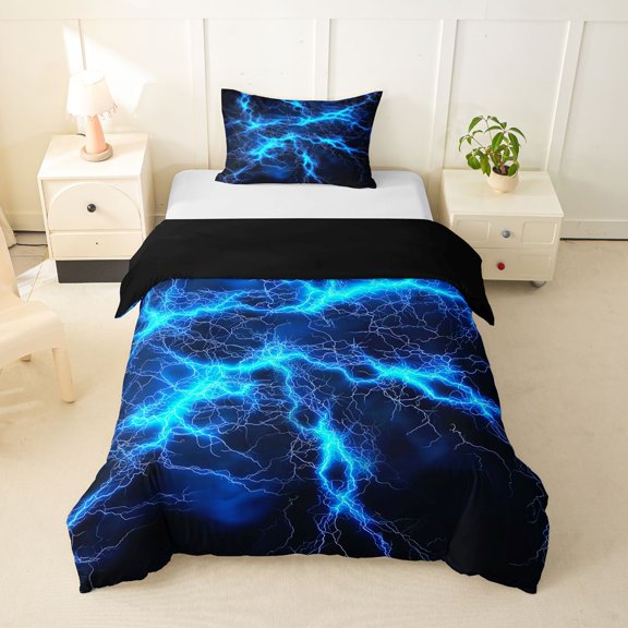 Homewish Blue Wild Lightning Twin Duvet Cover,Modern Abstract Art Twin Bedding,Black Reversible,2pcs,1 Duvet Cover and 1 Pillowcase
