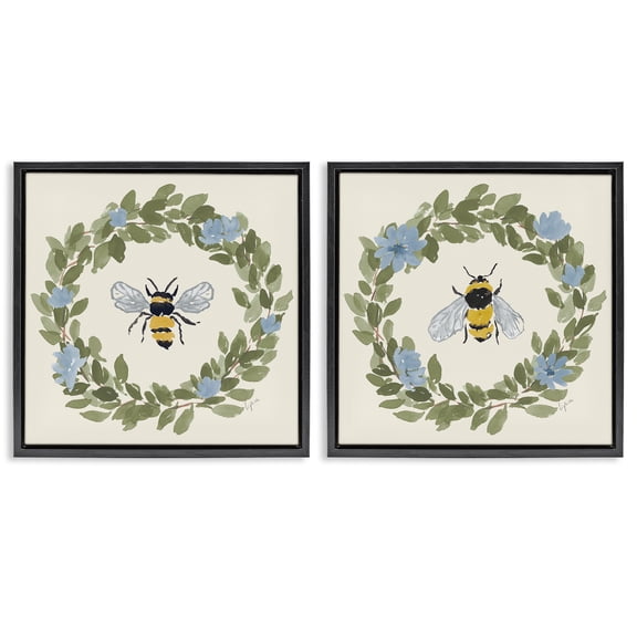 Stupell Industries Bee Floral Celebrations 2 Piece Black Framed Floater Canvas Set, design by Lucille Price