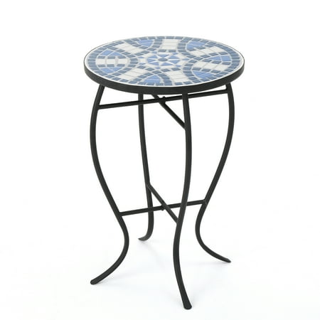 Harington Outdoor Ceramic Tile Side Table With Iron Frame Blue And Harington Outdoor Ceramic Tile Side Table With Iron Frame Blue And White