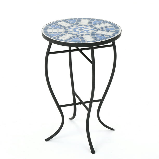 Harington Outdoor Ceramic Tile Side Table with Iron Frame, Blue and
