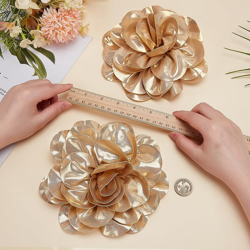 2-Piece Goldenrod Satin Flower Brooches 7-Inch Large Rose Lapel Pins for Dresses Wedding Cardigans
