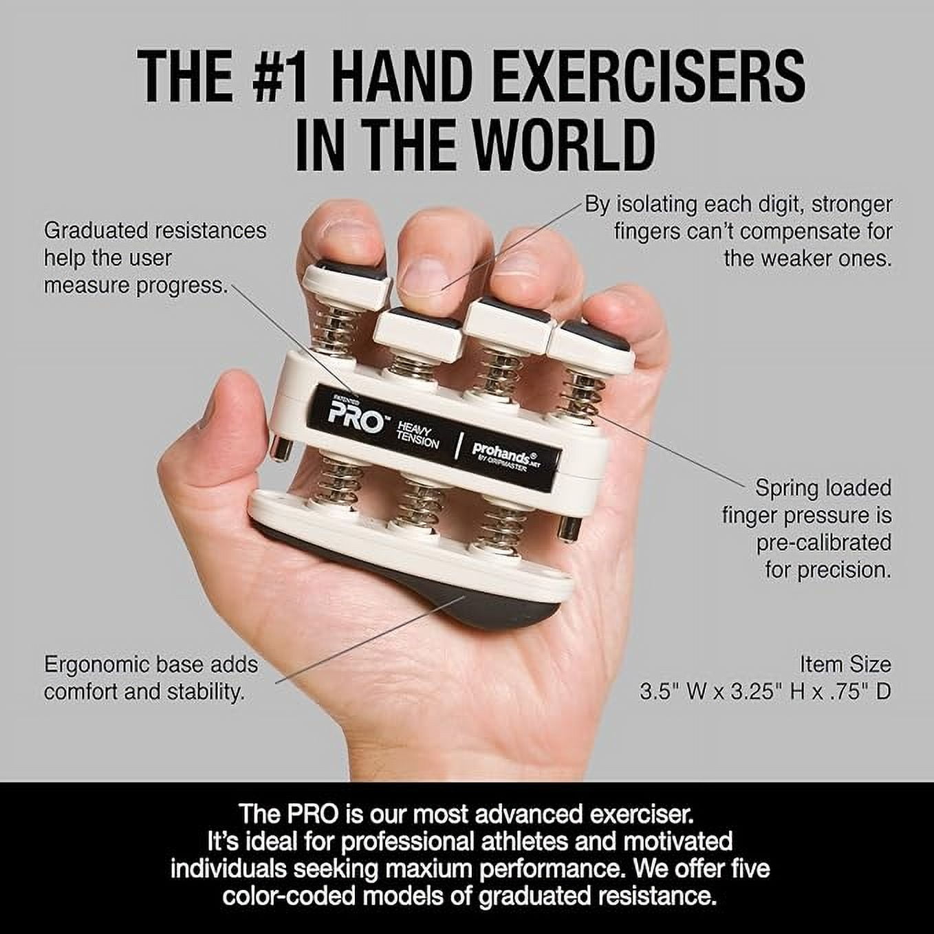 PROHANDS PRO Hand Exerciser, Finger Exerciser (Hand Grip Strengthener), Spring-Loaded, Finger-Piston System, Isolate and Exercise Each Finger, (Set of 4) (Blue, Red, Black, Gray)