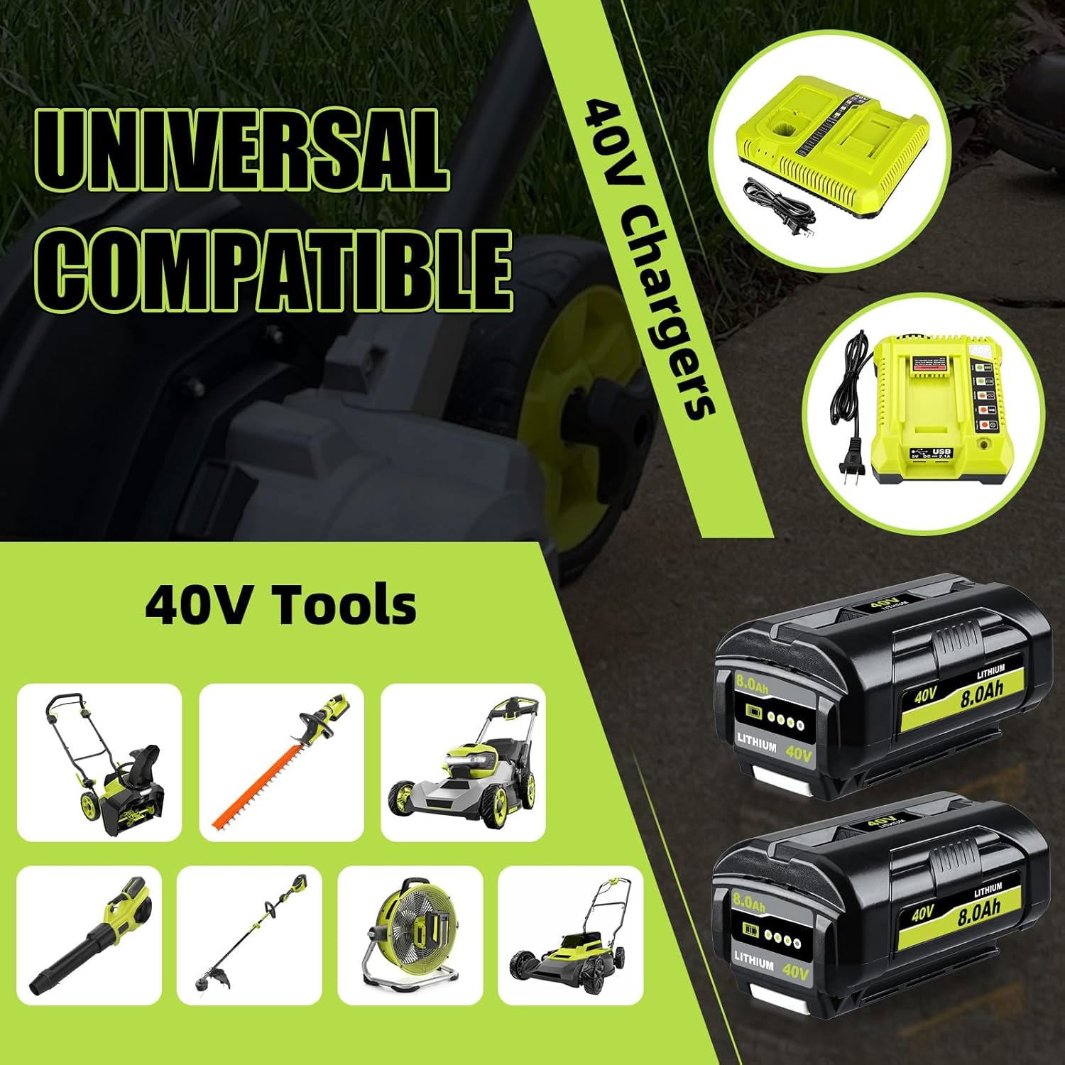 Upgraded 2Pack 8.0Ah Replacement for Ryobi 40V Battery Compatible with OP40201 OP4026 OP4030 OP4040 OP4050 OP4050A OP4060 OP40601 OP40602 OP4060A OP4075A