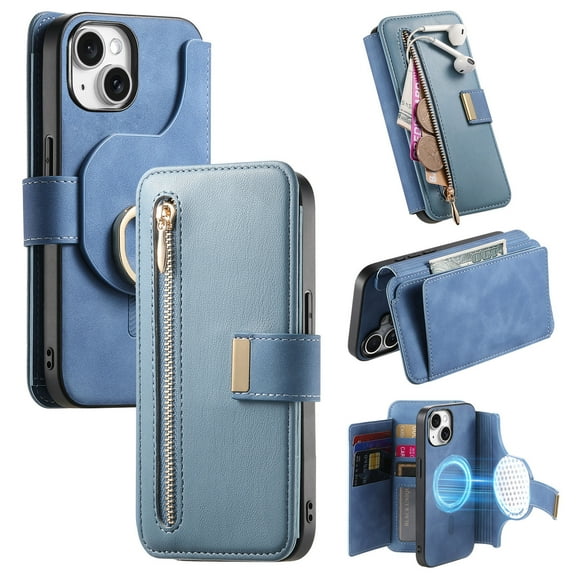 2 in 1 Wallet Case for Apple iPhone 15, Detachable Magnetic Back Cover Cards Slots Zipper Pocket Ring Holder Magnetic Closure Protective Drop Proof Case Cover for iPhone 15, Blue