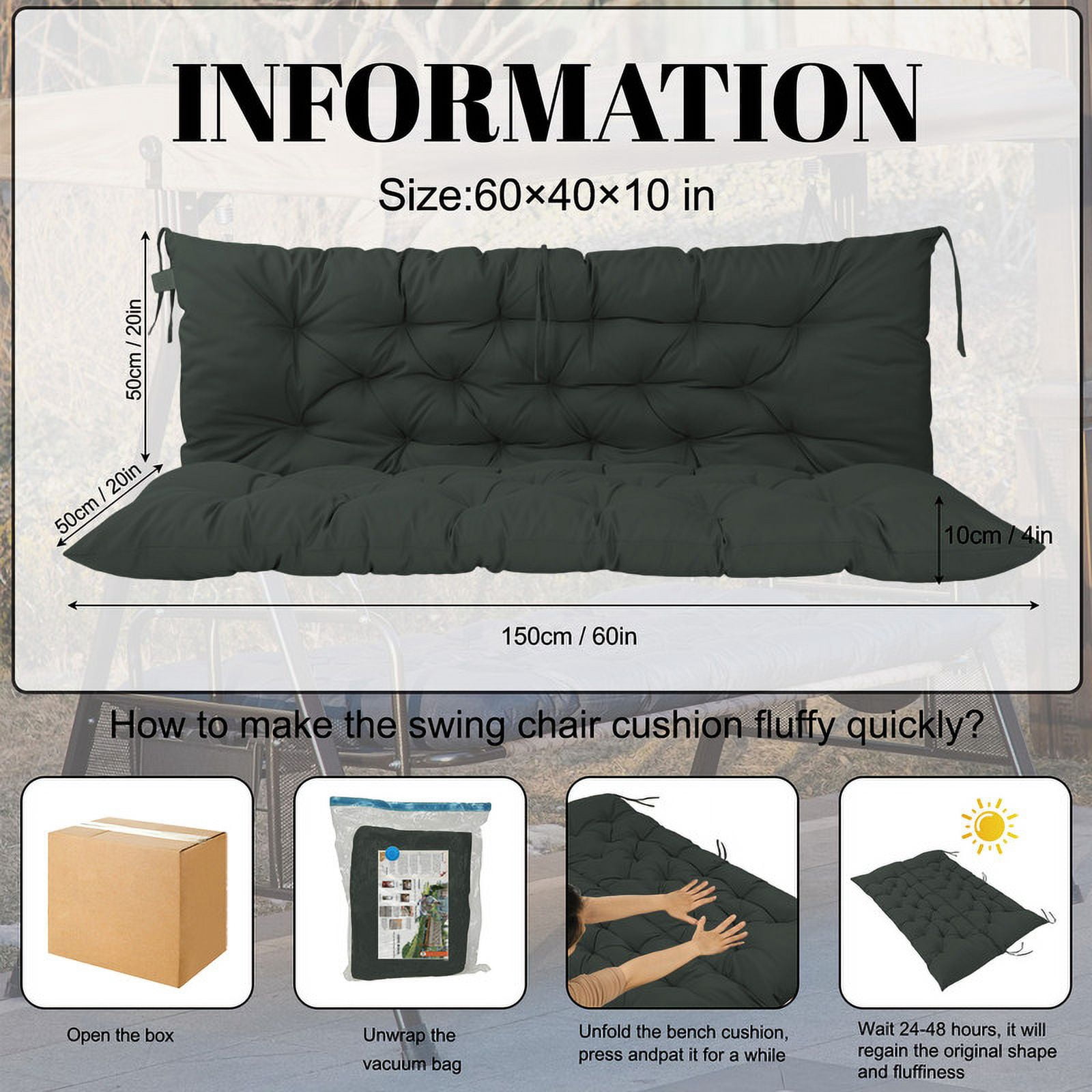SDJPOI 2-3 Seater Porch Swing Replacement Cushion, Thicken 4" Waterproof Outdoor Bench Cushions with Backrest for Outdoor Furniture