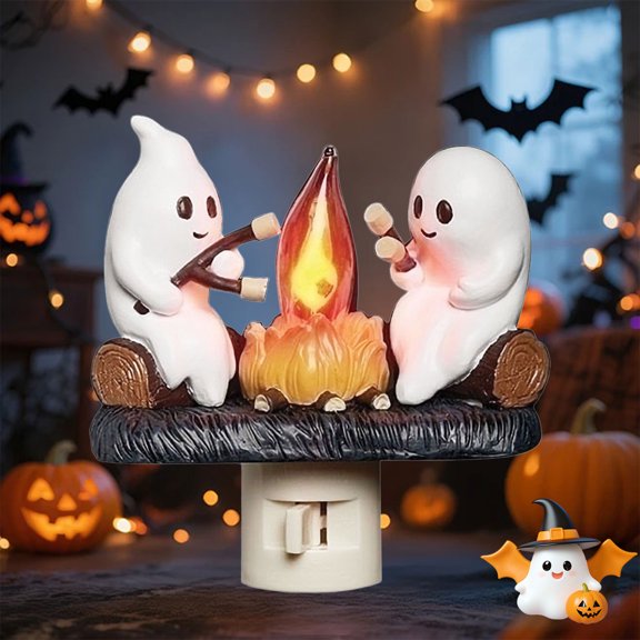 Halloween Night Light, Ghost Night Light Campfire Flickering, Halloween Decor Night Lights for Kids, Plug in Ghost Nightlight for Halloween Decorations Party Gift