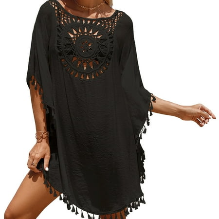 Women S Oversized Beach Bikini Cover Up Swimsuit Bathing Suit Cut Out Beach Tops With Tassel-Black