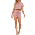 thumbnail image 2 of INSPIRE CHIC Women's Waffle Knit Button Down Pajamas Short Sleeve Crop Tops with Shorts 2 Piece Outfit Lounge Set S Pink, 2 of 6