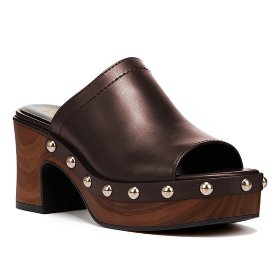 YDN Women's Open Peep Toe Mules Platform Wooden Block Heels with Studs Dressy Casual Slides Sandals Slip On Comfy Shoes Daily Size 7 Brown
