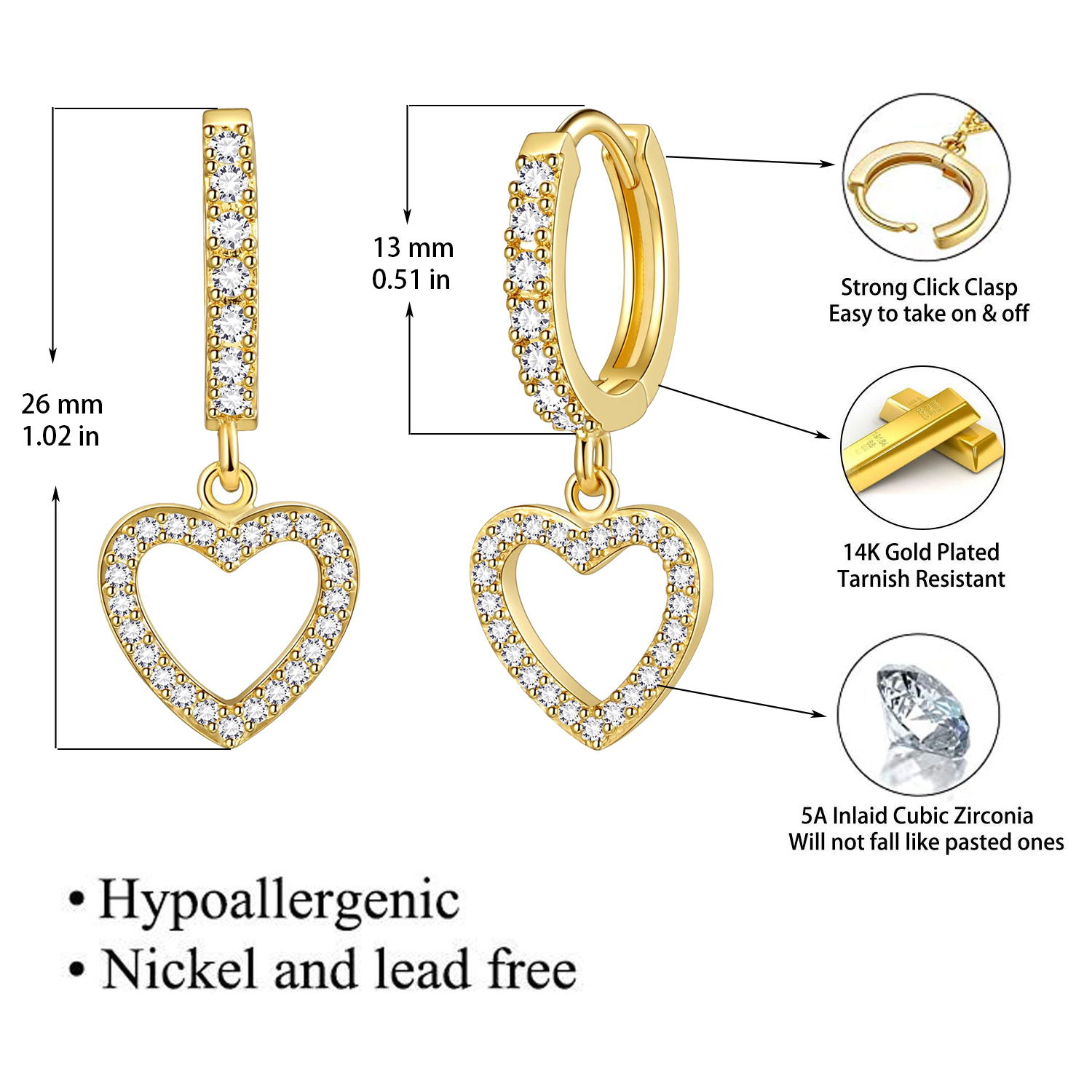 YAYAJAJU Heart Dangle Hoop Earrings for Women, 14K Gold