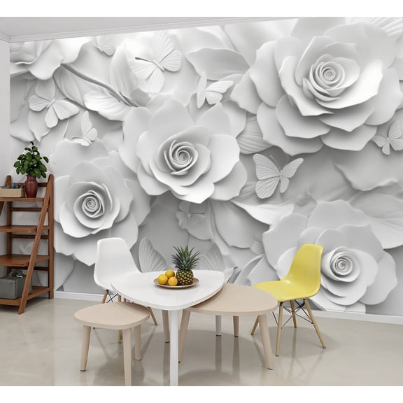 Wallpaper Elegant White Floral Design Butterflies Soft Petals Peel and Stick Wall Murals 69"H x 96"W Removable PVC Wall Paper Self-Adhesive Wall Paintings Art Decor for Bedroom Living Room