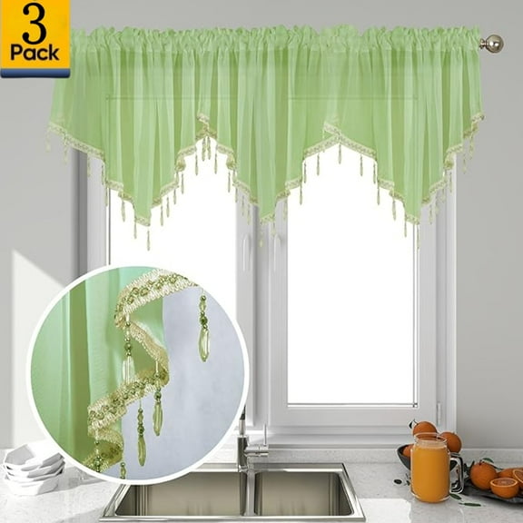 Moqsnm 3 Piece Beaded Triangle Sheer Valance Curtains for Windows Kitchen Living Room Bathroom Bedroom Voile Sheer Rod Pocket Short Window Valance Curtains (Green,51"x24")