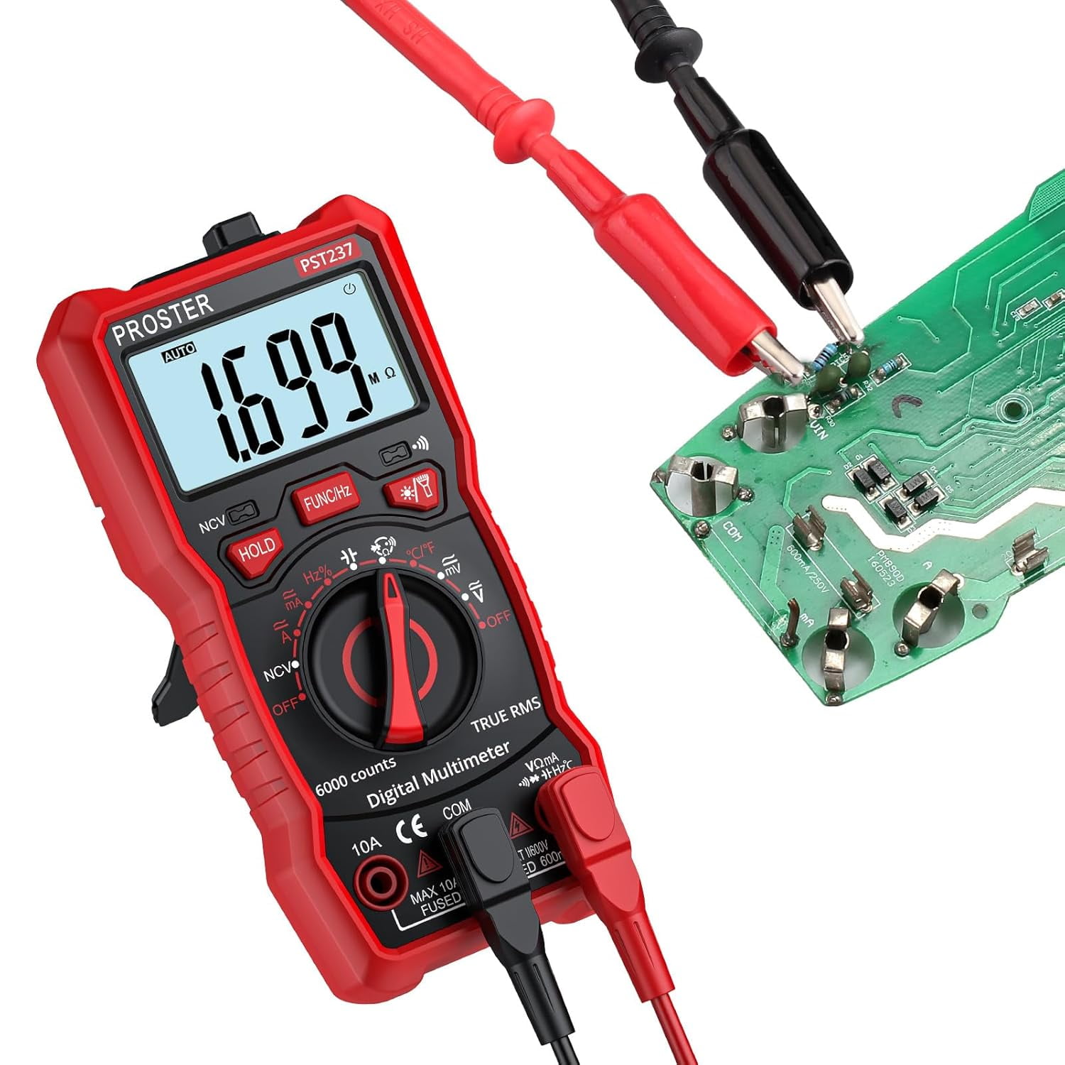 Proster Multimeter TRMS 6000 Counts Auto Manual Range Multimeter Tester with DC/AC Voltage DC/AC Current NCV Detector Temperature Capacitance Resistance Diode Continuity Tester with Cloth Bag