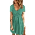 thumbnail image 1 of Vestido con botones delanteros y cuello en V Vestido frontal con botones de talle alto y manga corta para mujer Primavera Verano Verde lago XL, 1 of 6