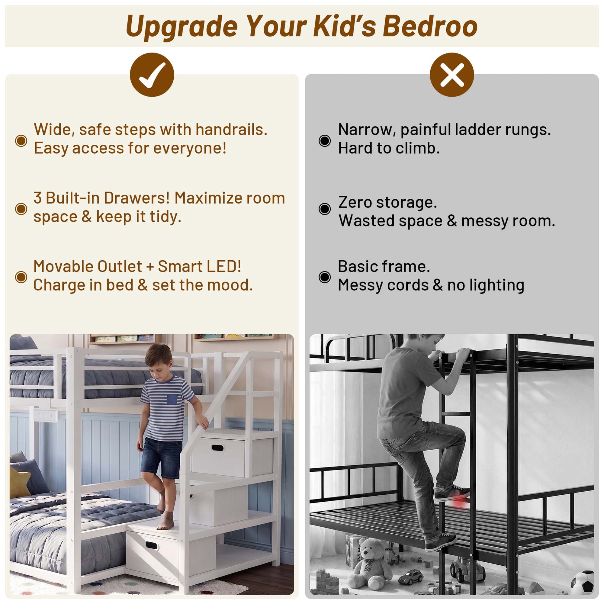 Miniyam Full Over Full Bunk Bed with Storage Stairs, Movable Charging Station and LED Lights, White