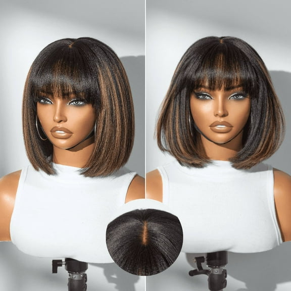 LUVME 10" Put On and Go Brown Highlight Yaki Bob with Bangs Glueless Minimalist Lace Wig Breathable Cap for Women