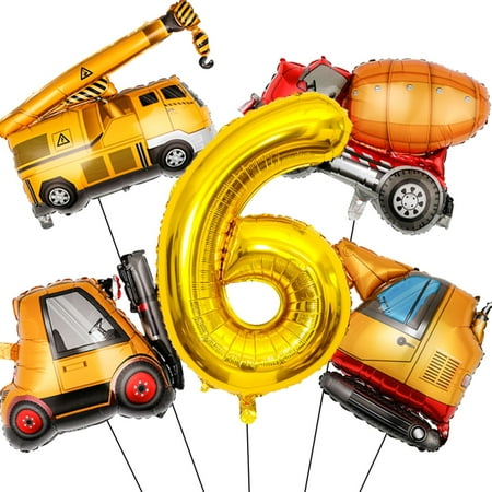 Construction Birthday Party Supplies 6 Year Old, Large Construction Balloons 40Inch Gold Number 6 Balloons Construction Truck Foil Balloons for Boys 6th Construction Birthday Party Decorations