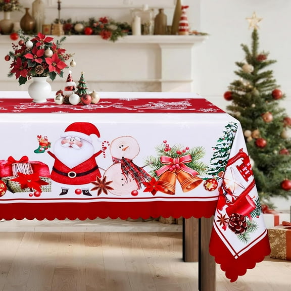 Christmas Rectangular Tablecloth 60X84 inch, Santa Claus,Gifts,Bell,Snowflakes,Christmas Tree Design Waterproof Polyester Table Cover for Party,Dinner,Outdoor Kitchen Decor,Red White