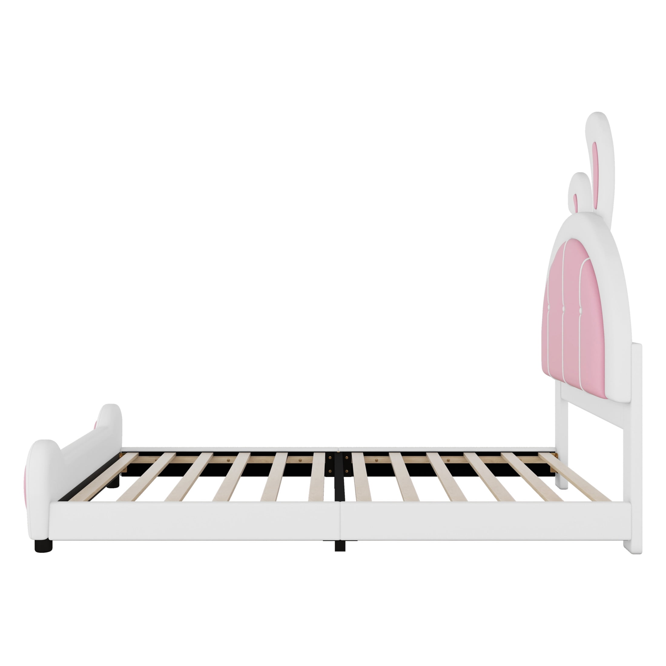 Noble House Collis Twin Upholstered Platform Bed, Rabbit Shaped Bunny Ear Headboard, PU Leather, White and Pink