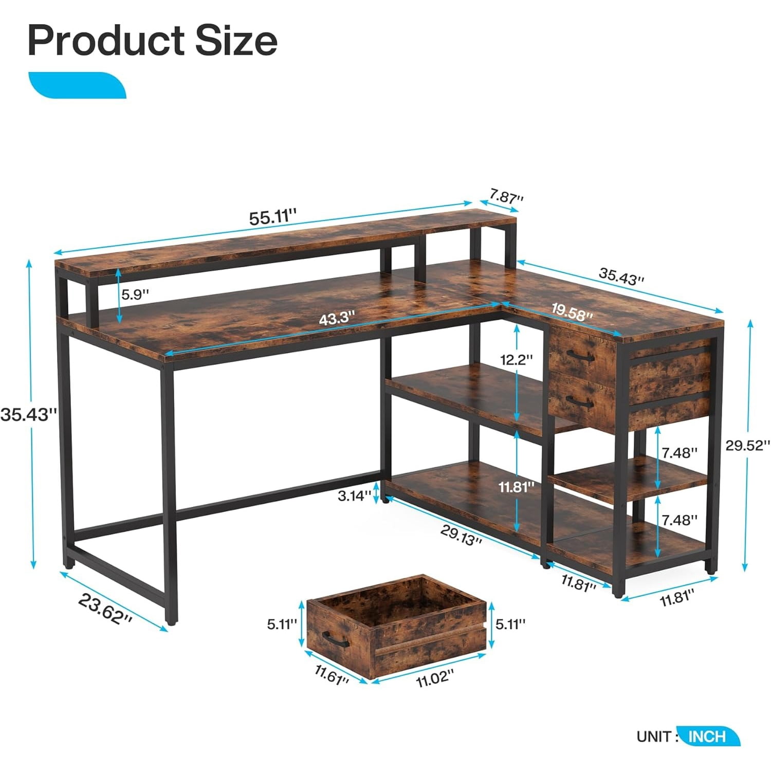 55" x 24" L Shaped Corner Desk With Drawers, Storage Shelves & Monitor Stand, Rustic Brown Home Office Gaming Study Computer Table For Small Space
