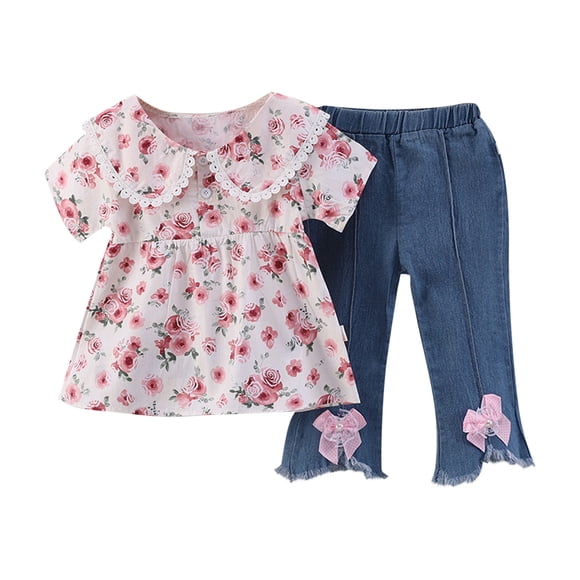 Odeerbi 2-6 Años Niñas Conjunto de Verano Camisa de Manga Corta de Algodón Floral Cuello Peter Pan Pantalón Vaquero Conjunto de Dos Piezas Camisa Estampada Floral Pantalón Vaquero