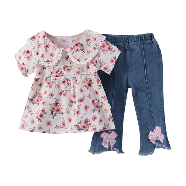 Économies d'Été! HVOBTTY Ensemble Décontracté 2 Pcs à Manches Courtes pour Filles, Ensemble de Chemise Décontractée Confortable d'Été pour Enfants avec Petit Imprimé de Fleurs, Manches Courtes Courtes et Jeans à Revers pour Enfants Rose, 3-4 Ans