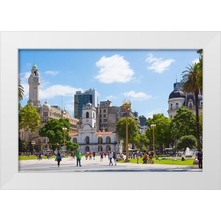 Su, Keren 14x11 White Modern Wood Framed Museum Art Print Titled - Clock tower of City Legislature Building-Buenos Aires Cabildo and Buenos Aires City Hall in Plaza d