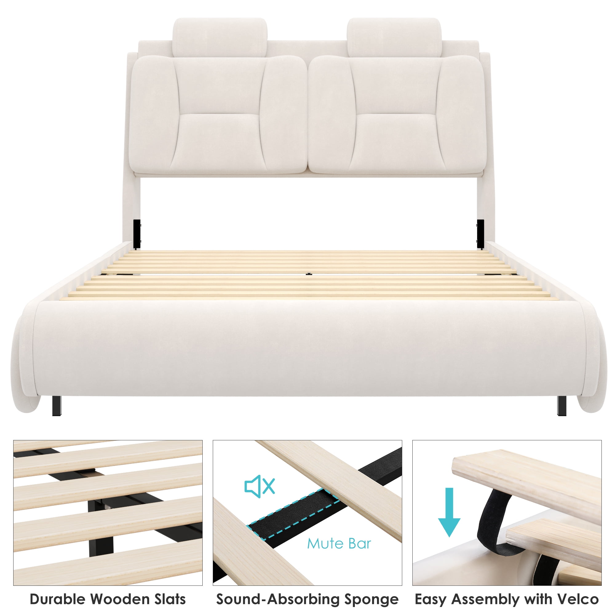 Homfa Full Size Car Bed Frame with LED Wheels, Velvet Upholstered Platform Bed with Adjustable Headboard and Removable Pillows, Beige
