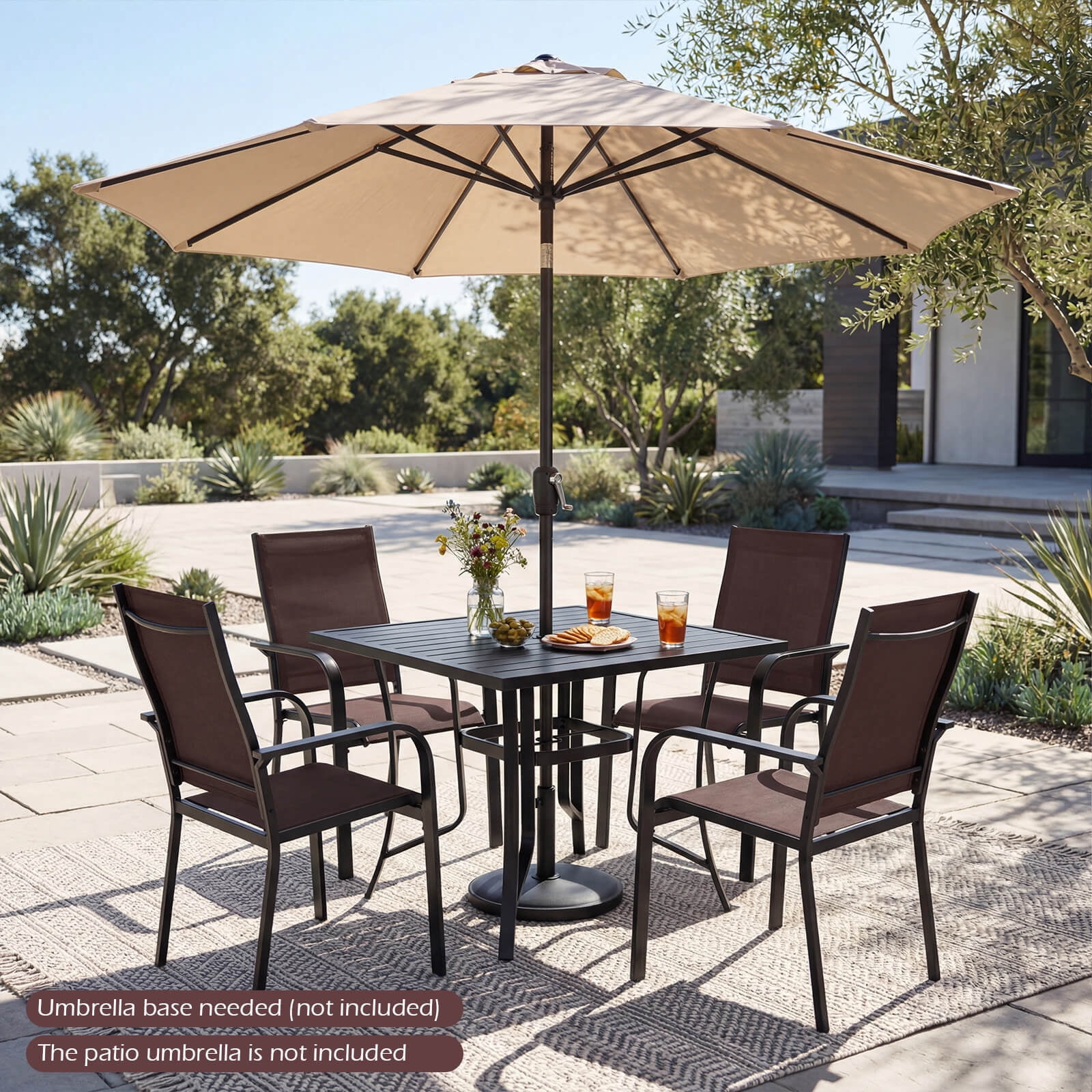 Costway 5 PCS Patio Furniture Dining Set, Outdoor Square Table & Stackable Chairs with Umbrella Hole Black and Coffee