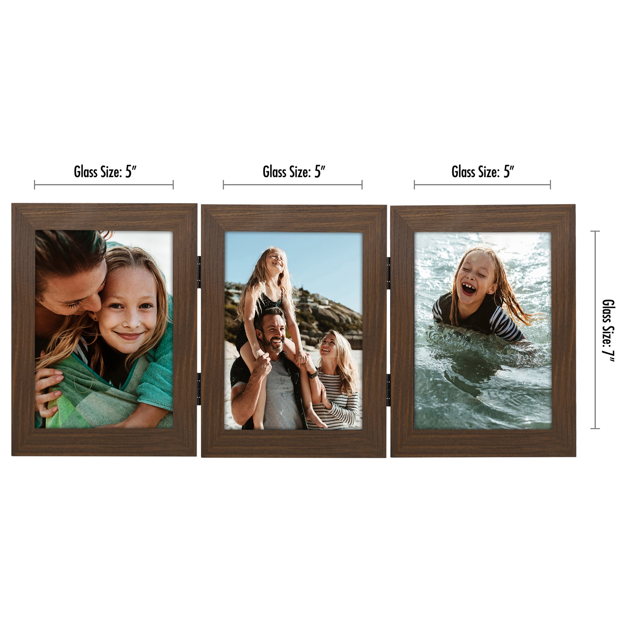 Americanflat Hinged 3 Photo Frame in Walnut MDF - Desk Photo Frame for 5X7" Photos - Tri Folding Picture Frame For Desk - Displays 3 Photos with Shatter-Resistant Glass Covers 5x7 Triple Fold Walnut