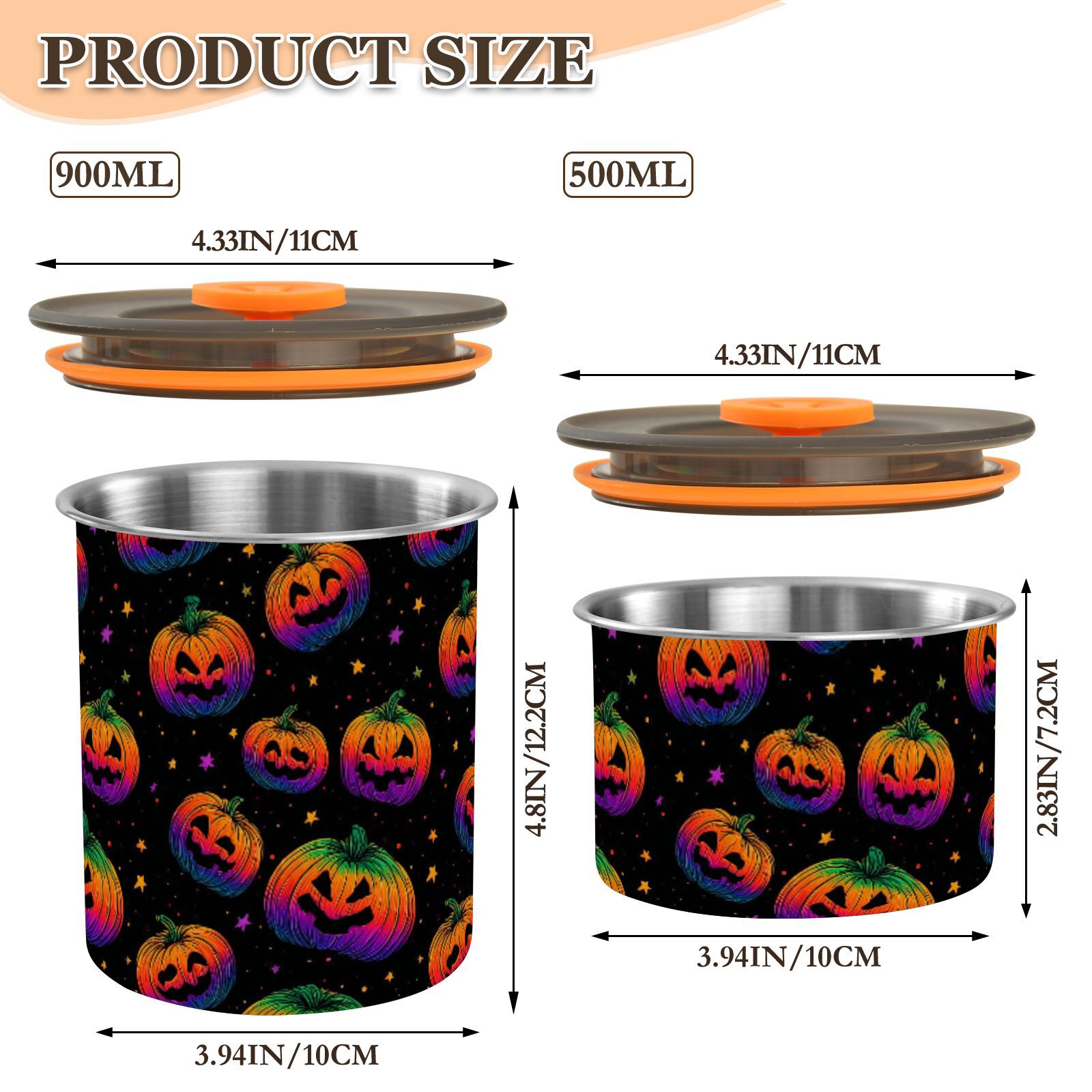 Stars Colorful Pumpkins Pattern Airtight Coffee Bean Canister 30oz Food Storage Containers with Lids For Gournd, Tea, Sugar, Flour, Rice, Cereal, Candy Cookie Jar