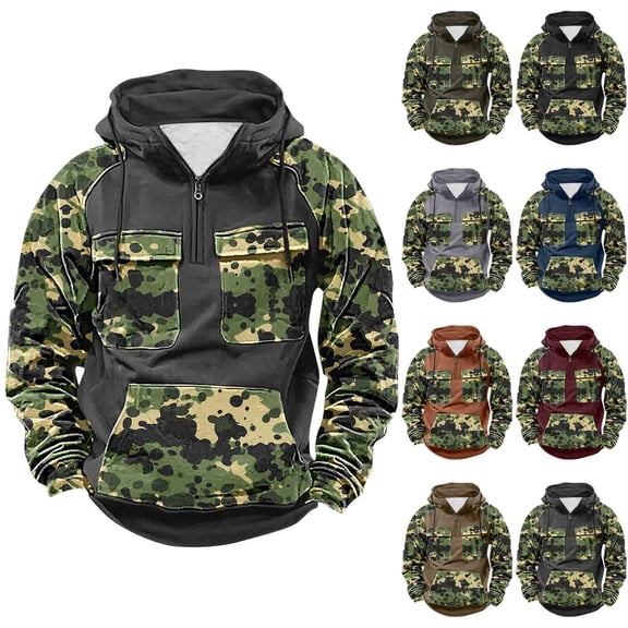LMOIPLI Camouflage Print Hoodies for Men Military Mens Fleece Lined Quarter Zip Cargo Sweatshirt with Multi Pockets Army Green XXXL