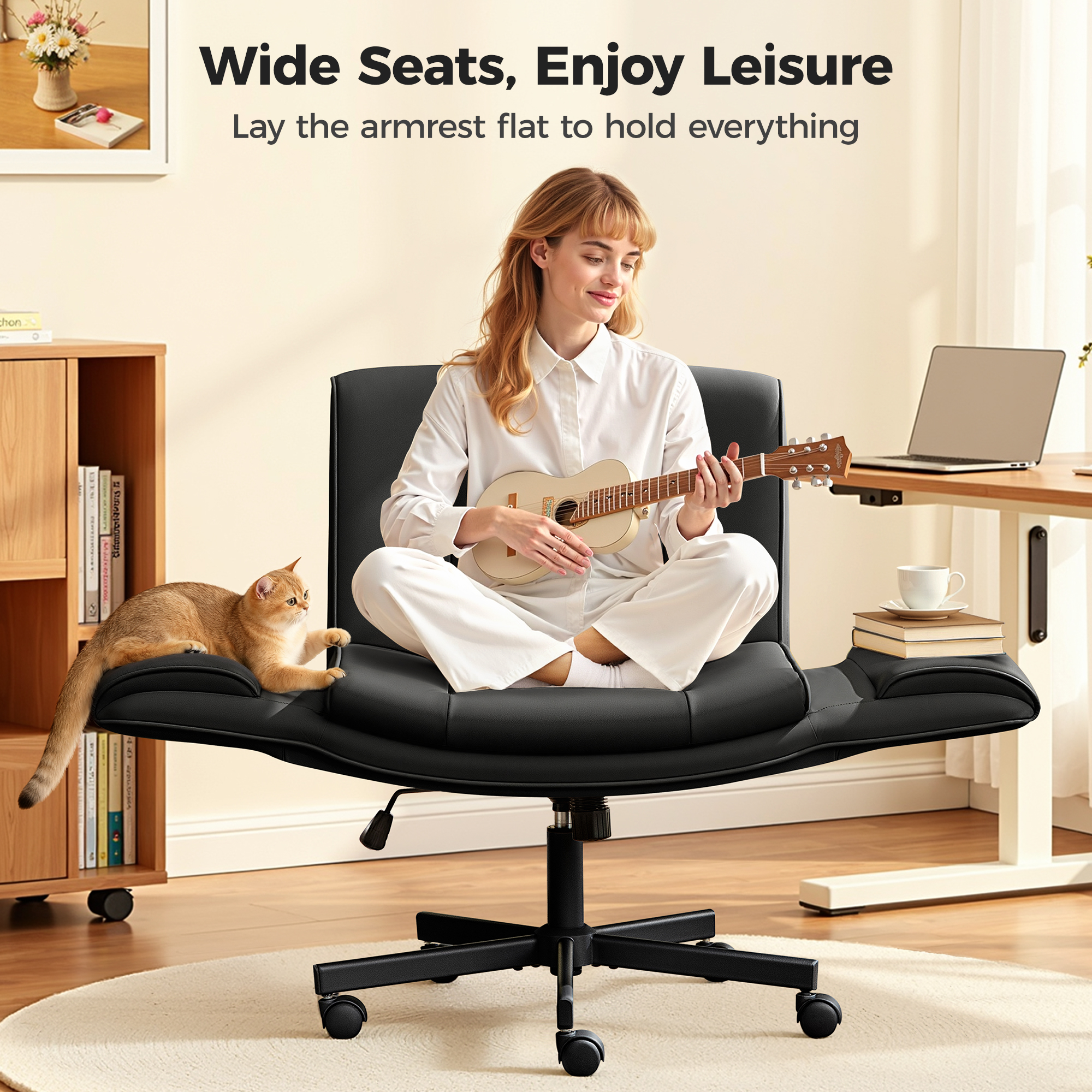 COOLHUT Criss Cross Office Chair, PU Leather Vanity Chair with Armrests and Wheels, Comfy Adjustable Swivel Ergonomic Criss Cross Chair for Home Office Bedroom Makeup, Black