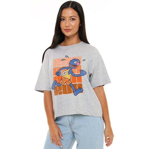 Sesame Street Run Run Grover Women's Boxy Cropped T-Shirt Casual Graphic Tee