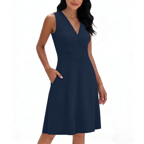 Yanlir Women Summer Dress Casual Long Sleeve Round Neck Printed T Shirt Dress Comfortable Soft Polyester Fabric Daily Wear Loose Fit Midi Dress(Navy,L)