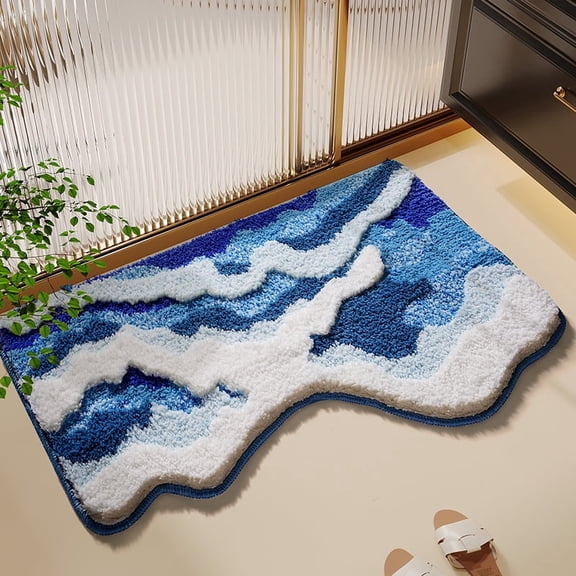 Navy Blue Flocked Bath Rug, 3D Sea Wave Pattern, 1.6' x 2.6', Non-Slip Rubber Backing, Plush Absorbent Washable Bathroom Floor Mat