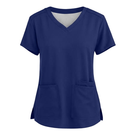 Iaqnaocc Scrubs for Women Classic Wrinkle-Resist Nurse Uniforms Fashion V Neck Side Slits Scrub Tops Ultra Soft Short Sleeve Tees Blouse with Pockets Royal Blue L