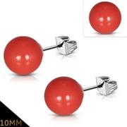 10mm Stainless Steel Red Coral Resin Faux Pearl Bead Ball Stud Earrings pair