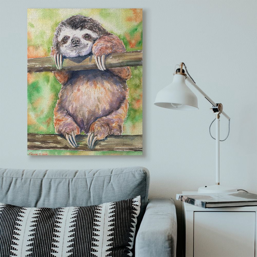 Stupell Industries Sloth Animal Green Orange Watercolor Painting Super Canvas Wall Art by George Dyachenko
