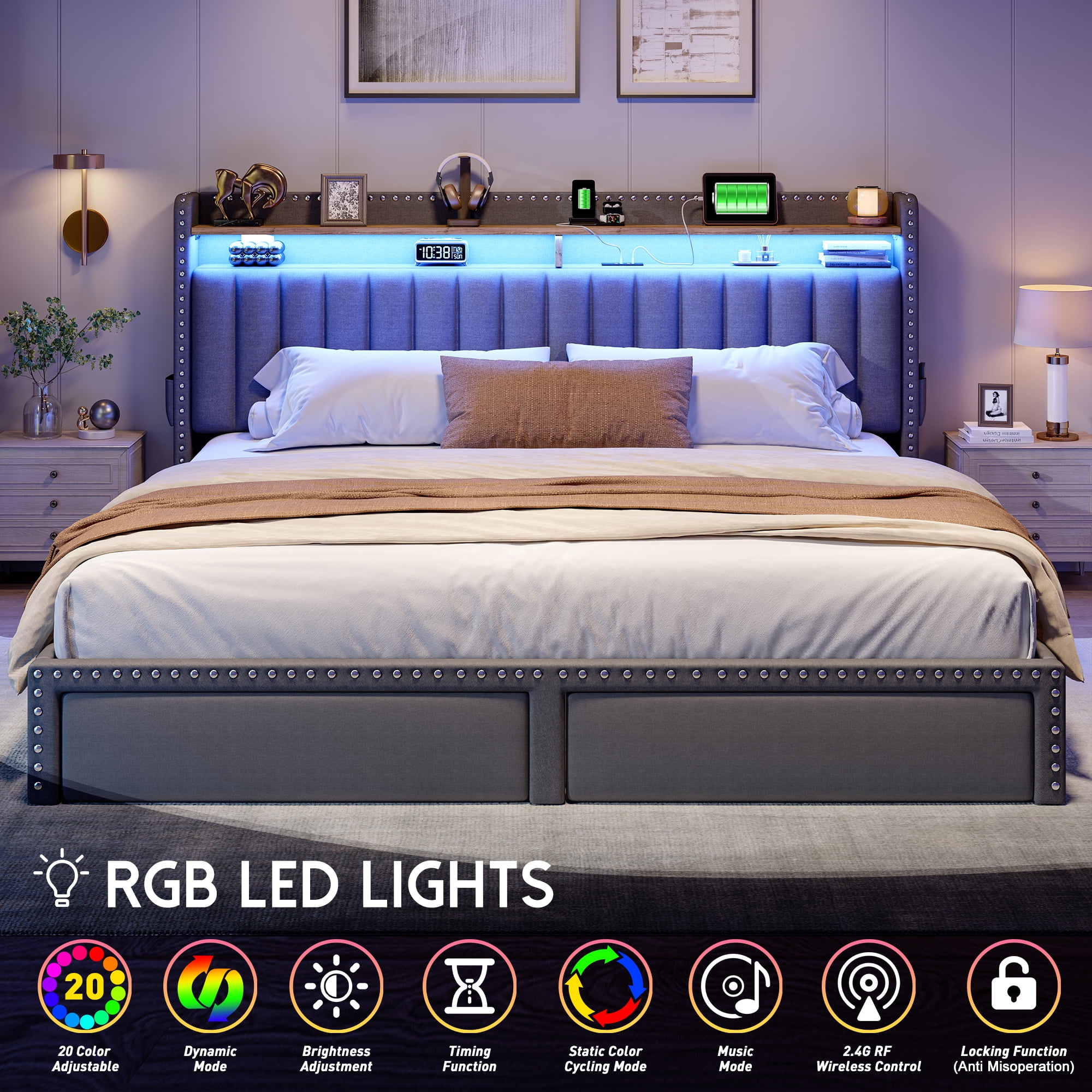 EnHomee King Size Bed Frame with 2 Drawers & 2-Tier Storage Shelf Upholstered Bed Frame King with Headboard King Bed Frame with Storage & LED Lights & Charge Station, No Box Spring Needed, Gray