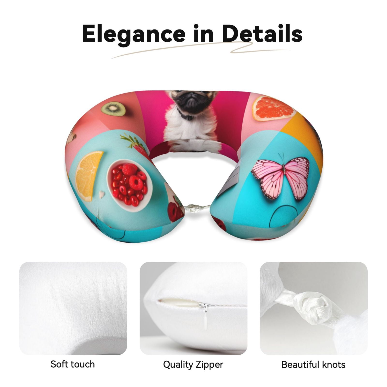 Xecao Colorful Dog Cat Collage Print Memory Foam Cervical Neck Pillow Versatile U-Shaped Pillows for Home,Office,Camping,Travelling,Soft Washable Cover
