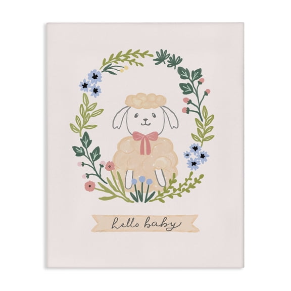 Stupell Industries Hello Baby Floral Lamb Animals Painting Wrapped Canvas Art Print Wall Art, 16 x 20