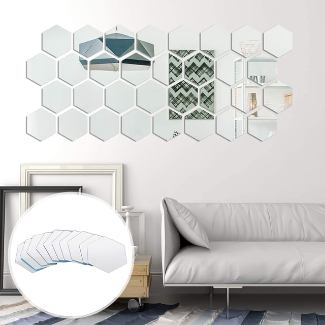 Miuline - 48 pegatinas de pared de acrílico extraíbles con forma de espejo hexagonal para decoración del hogar, sala de estar y dormitorio