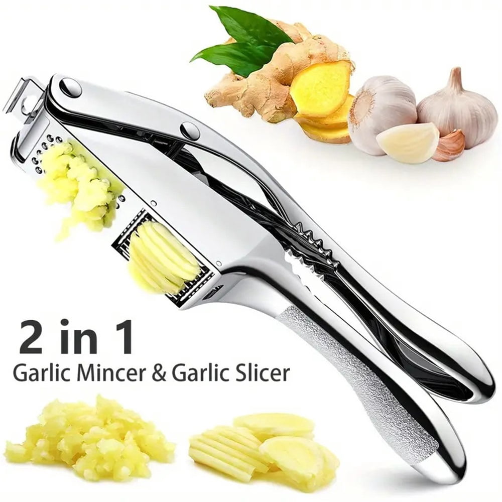 Garlic press and slicer 2 in 1,Effortlessly Crush, Slice, and Mince Garlic,with this Versatile Kitchen Tool - Perfect for Home Cooks and Professional Chefs Alike. (Silvery)