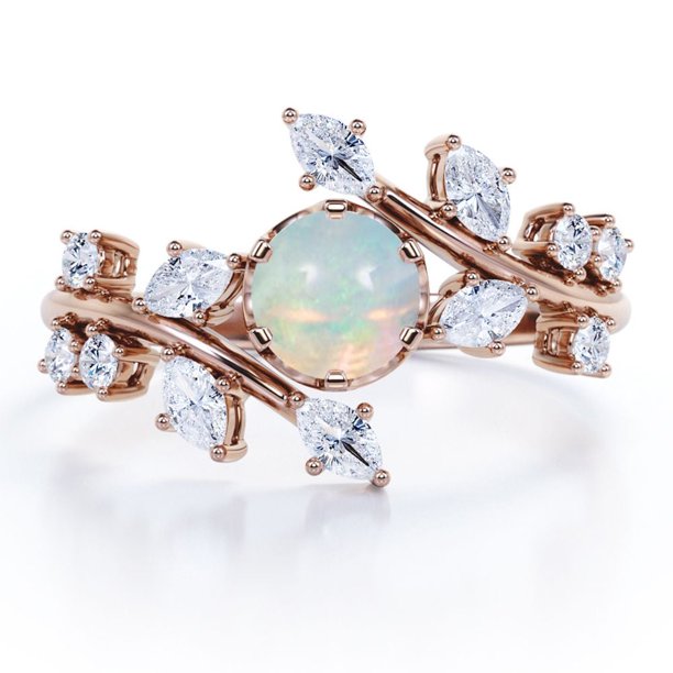JeenMata Anillo de Compromiso con Ópalo de Fuego Mexicano de 0,75 ct y Moissanita, Engaste de Tensión Estilo Catedral, Chapado en Oro Rosa de 18 K sobre Plata