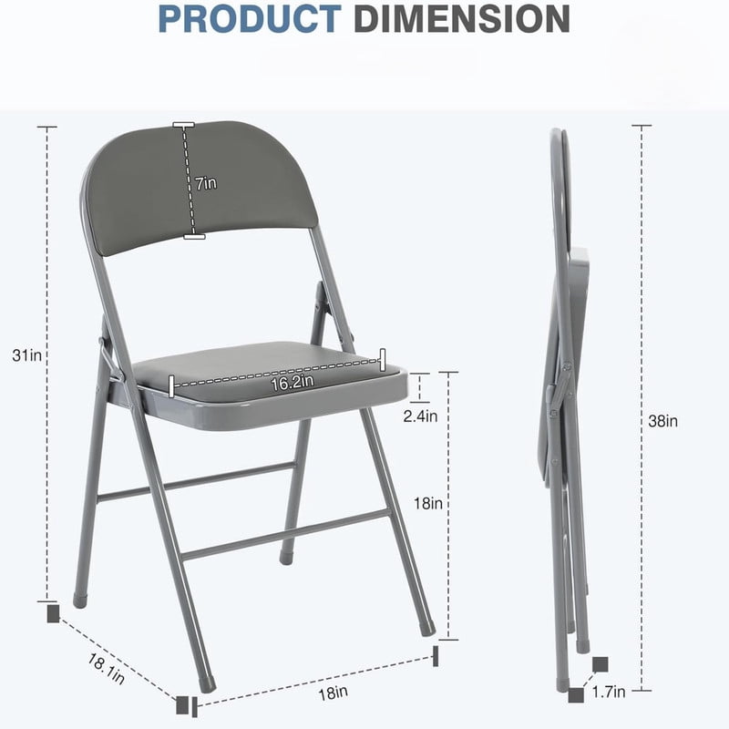 Kelno 4 Pack Folding Chair Leather Padded Seat Portable Chair, Grey