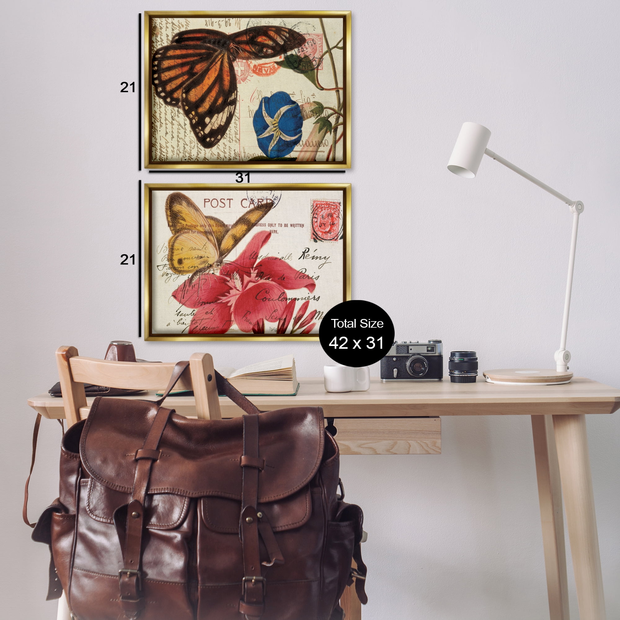 Stupell Industries Butterfly Accented Postcards Insects Painting Gold Floater Framed Canvas Art Print Wall Art, 31 x 21, Set of 2