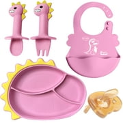 AWINNER  Divided Toddler Baby Plates, Spoon, Fork, Pacifier and Bib Combo, BPA Free Safe Utensil for Kids and Toddler (Pink)